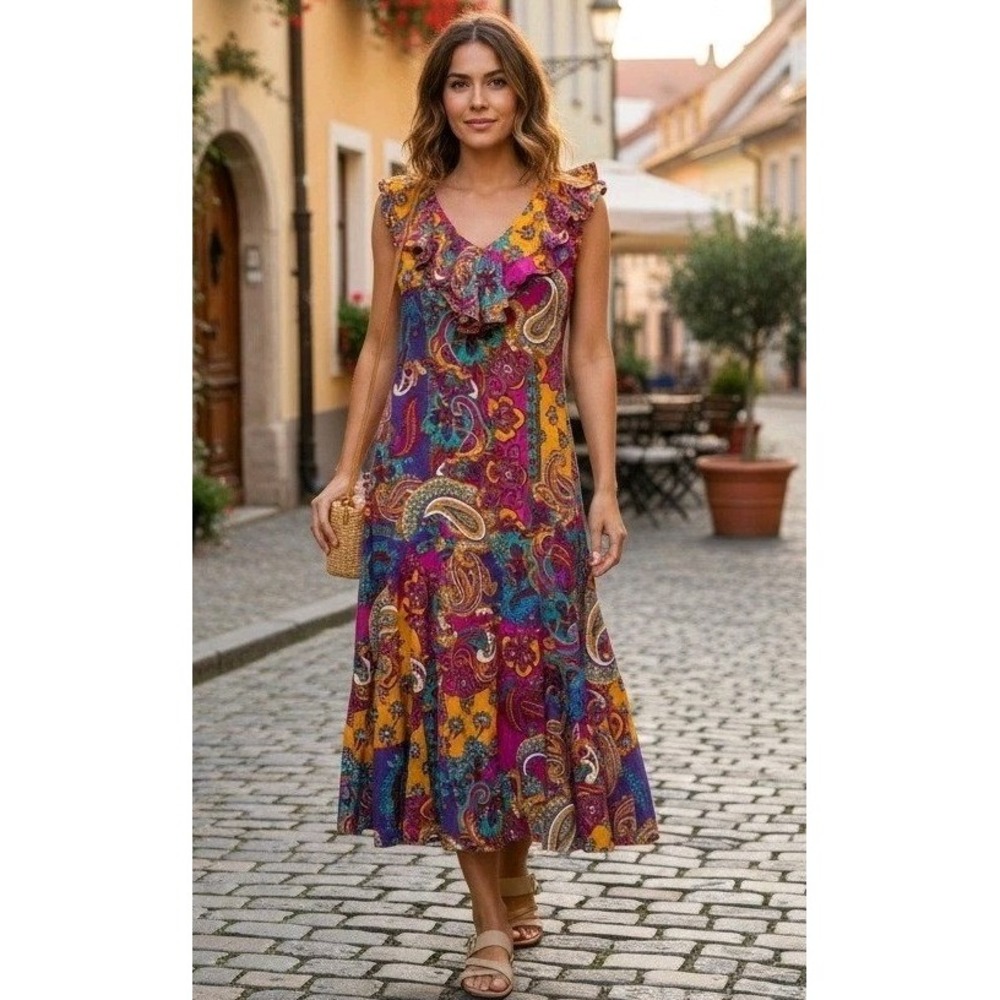 Lauren Ralph Lauren Dress Womens Sz S Sleeveless Faux Wrap Paisley Dopamine Midi